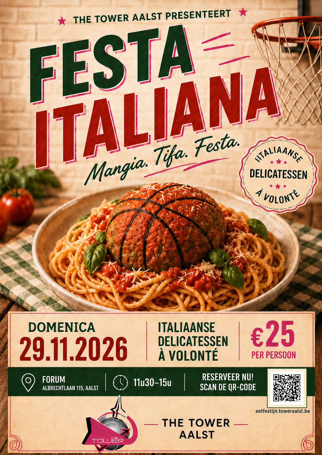 Festa Italiana van The Tower Aalst: zondag 29 november 2026, Forum, Albrechtlaan 115 in Aalst, 11u30–15u. Italiaanse delicatessen à volonté.